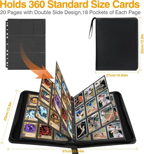 Miniatura 3 de Paquete de 20 fundas negras de 360 bolsillos para tarjetas coleccionables, fundas gruesas de doble cara para tarjetas de juego para carpeta de 3