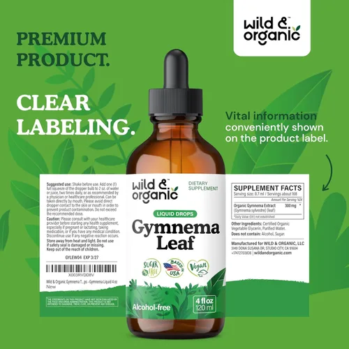 Miniatura 9 de Wild & Organic Gymnema Sylvestre Extract Drops - Suplementos de Gymnema Sylvestre sin azúcar - Tintura a base de polvo Gurmar - Gotas líquidas