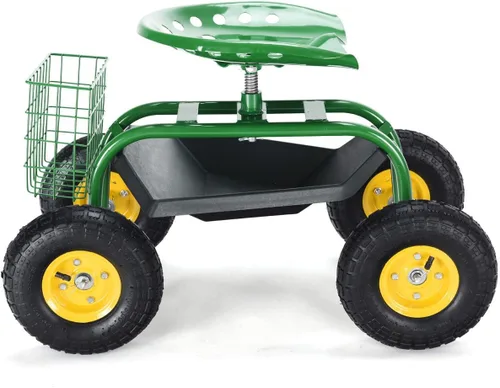 Miniatura 5 de Giantex Asiento de trabajo de jardín rodante, asiento de trabajo de jardinería giratorio 360 con ruedas, cesta de herramientas, altura ajustable