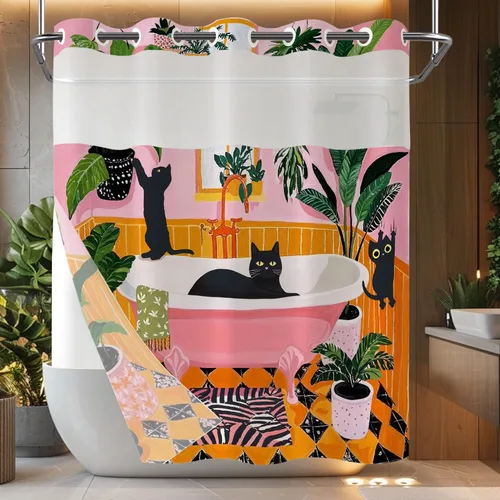 Miniatura 30 de Cortina de Ducha Divertida de Gato Lindo Divertido Árbol de Gato de Dibujos Animados Cortinas de Ducha para Baño Boho Anime Gatitos Niños Granja