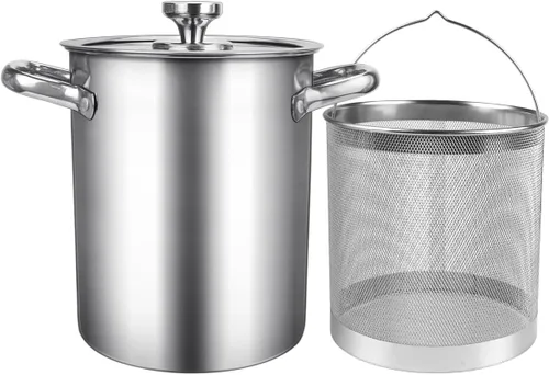 Freidora con tapa y cesta – Vaporizador de espárragos de acero inoxidable 2 en 1 olla con vapor de malla para papas fritas, pollo, cocinar verduras