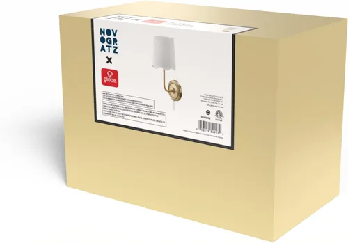 Miniatura 6 de Novogratz x Globe - Aplique de pared de 1 luz, cable rígido o enchufable, latón mate, pantalla de tela blanca, interruptor basculante en línea