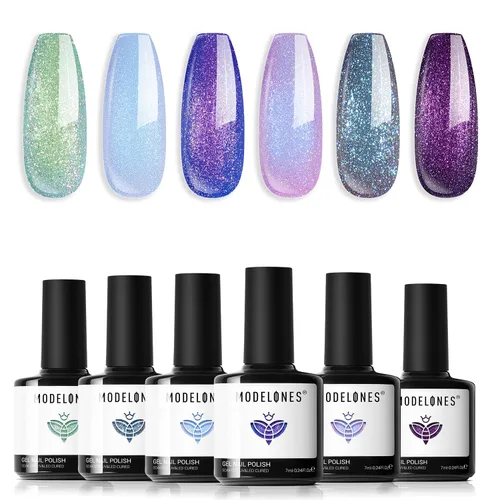 Modelones - Juego de esmalte de uñas en gel, 6 colores, camaleón, Navidad, invierno, aurora, purpurina, azul, verde, morado, semipermanente,