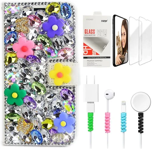 Miniatura 6 de Bling - Funda tipo cartera compatible con Samsung Galaxy S21 Ultra - Elegante - Funda magnética 3D hecha a mano con calavera punk con purpurina Negro