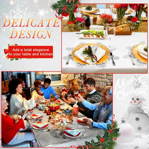 Miniatura 5 de Eccliy Juego de 12 manteles individuales plateados con copos de nieve de 15 pulgadas, vinilo prensado metálico, lavable, resistente al calor