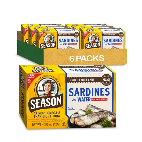 Miniatura 20 de Season Sardinas en aceite de oliva – capturadas en la naturaleza, 0.78 oz de proteína, bocadillos Keto, más Omega 3 que atún, Kosher, alto