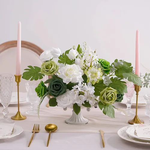 Miniatura 4 de YYHUAWU Caja Combo de Flores Artificiales Color Verde Bosque Rosas Falsas de Espuma con Tallos para Ramos de Boda DIY Centros de Mesa Baby Shower