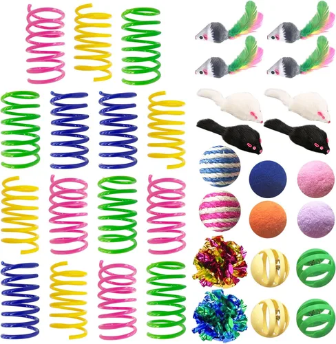 Juguetes para gatos de interior, 35 paquetes de juguetes interactivos para gatos con resortes coloridos, juguete de gato ratón, arrugado, sisal,