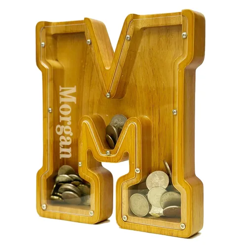 Alcancía Personalizada de Madera con Alfabeto -Alcancía de Niños -Alcancía para Niños y Niñas -Alcancía de Monedas -Banco -Puede Usarse como Regalo