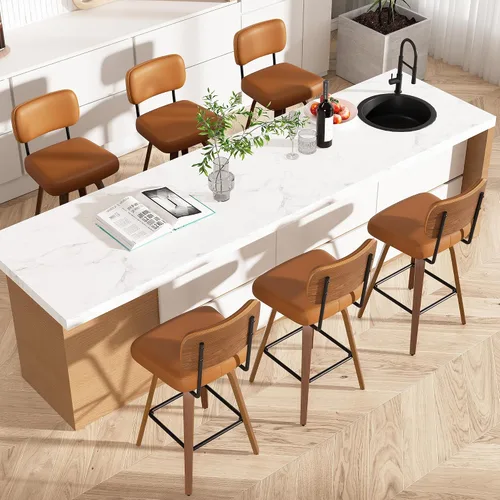 Miniatura 59 de Juego de 1 taburete de bar giratorio, taburetes de bar tapizados de 26" de altura para encimera con respaldo de nogal y patas de madera curvada