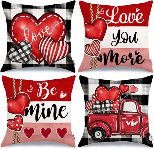 GEEORY Fundas de almohada para el día de San Valentín "Te quiero más, sé mío" 18x18 pulgadas, juego de 4, corazones rojos, camiones, rayas, a