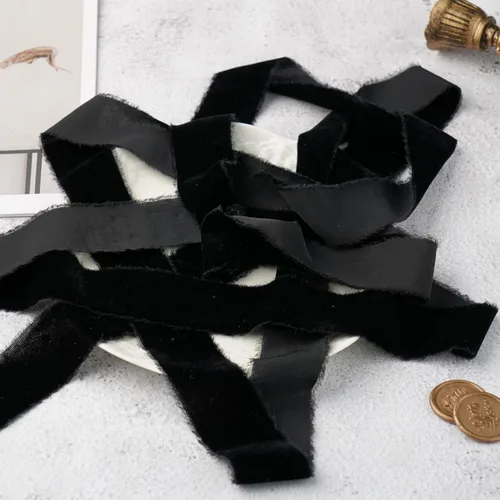 Miniatura 6 de Cinta de terciopelo negro de 1.5 pulgadas, cinta de terciopelo de seda deshilachada negra, terciopelo rústico de Navidad para regalo, borde crudo
