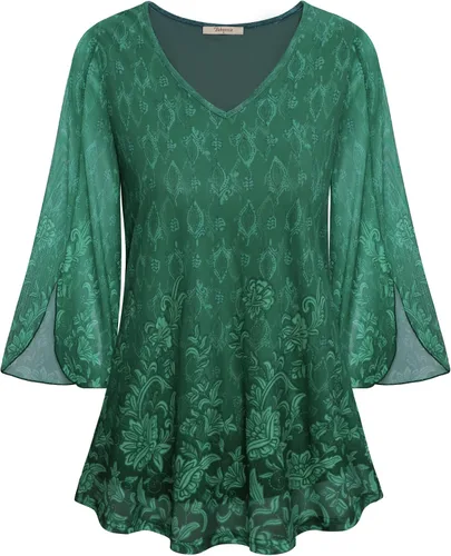 Bebonnie - Blusas tipo túnica para mujer, con manga 34 con volantes, cuello en V, de malla de doble capa y corte holgado
