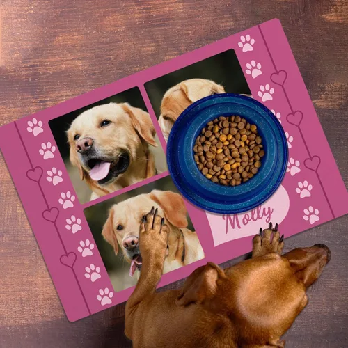 Miniatura 3 de Alfombrillas personalizadas de piel sintética para comida y agua, antideslizante e impermeable para nombre/foto, tapete personalizado