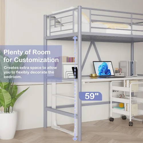 Miniatura 3 de VECELO Cama tipo loft tamaño individual, marco de cama de metal con escalera extraíble y barandilla de seguridad, no necesita somier, ahorro de Gris