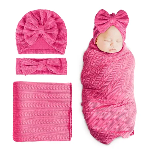 DRESHOW BQUBO Manta de recepción para recién nacido, cálida para niñas con sombrero de lazo y diadema de lazo, regalo para baby shower 1 juego: