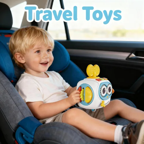 Miniatura 8 de MoraBaby Cubo musical de robot para niños pequeños de 1 a 3 años, cubo de actividades Montessori 6 en 1 con luces y sonidos, ruedas para el tiempo