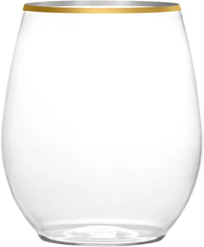 Miniatura 3 de PLASTICPRO Paquete de 12 copas de vino de plástico transparente con borde dorado, sin tallo, desechables, de 12 onzas, sin BPA, vasos de vino