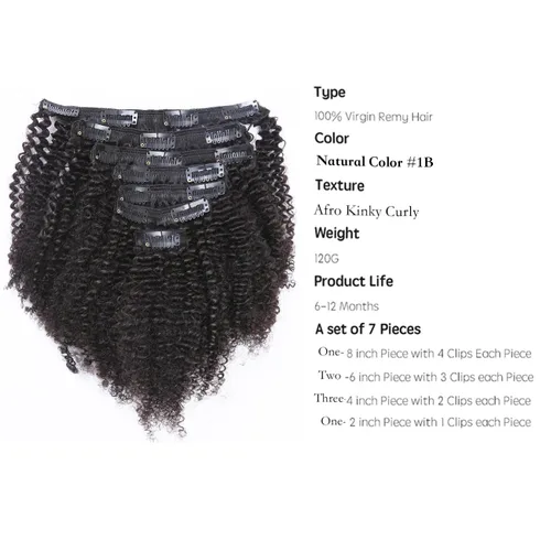 Miniatura 2 de Extensiones de cabello rizado con horquillas, cabello humano virgen Remy, extensiones de pelo rizado brasileño 4B 4C, grado 8A, gruesos