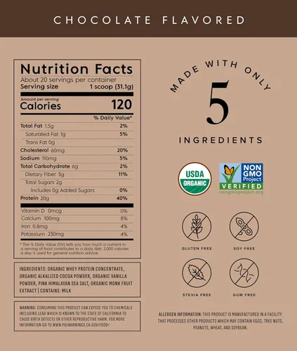 Miniatura 2 de Polvo de proteína de suero orgánico Truvani Chocolate 20g de proteína de suero alimentado con hierba 20 porciones Orgánico certificado USDA
