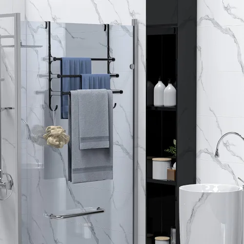Miniatura 9 de CANYAVE Toallero para colocar sobre la puerta, toallero para puerta de baño, soporte triple para almacenamiento de toallas con ganchos (negro mate)