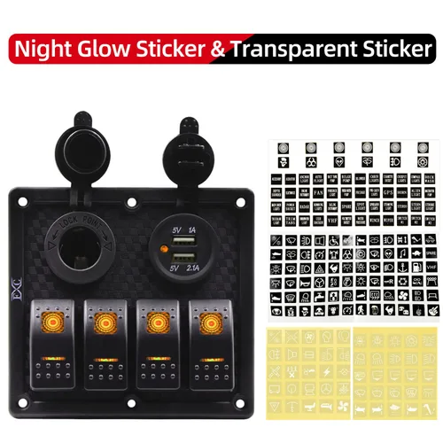 Miniatura 3 de FXC Panel de interruptor basculante impermeable naranja para botes marinos de 4 bandas con doble ranura USB, enchufe para encendedor de cigarrillos
