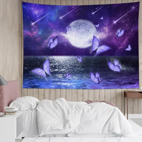 Miniatura 8 de LB Tapiz pequeño de luna llena sobre océano, tapiz psicodélico de mariposa verde azulado, tapiz de cielo nocturno estrellado y luna y estrellas