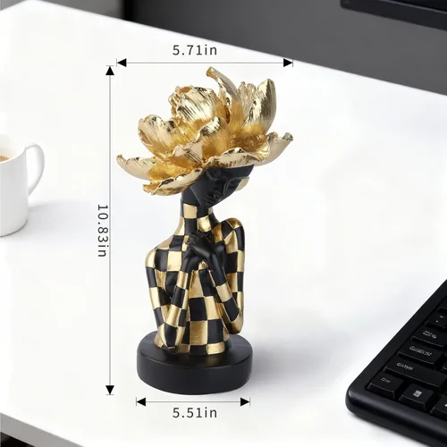 Miniatura 3 de Lescafita Escultura de mujer africana con tocado de flor dorada, figura de resina negra y dorada para decoración del hogar, elegante estatua de dama