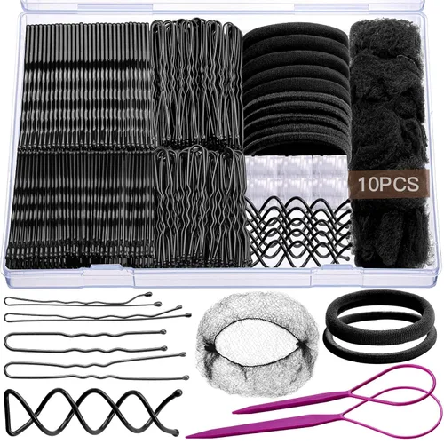 Teenitor Kit de red para el cabello, horquillas negras para el cabello, pasadores para mujer, alfileres en forma de U para moños, redes para el