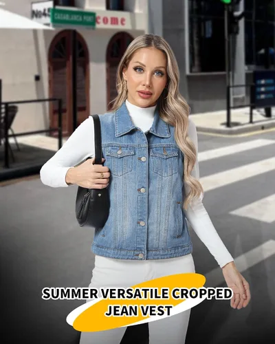 Miniatura 59 de Xeoxarel Chaleco de mezclilla para mujer, chaqueta vaquera sin mangas (XS-XXL)