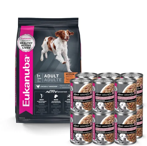 Eukanuba Alimento seco para perros adultos de raza media, bolsa de 16 libras para adultos con cordero y arroz, lata de 13.2 onzas (12 unidades)