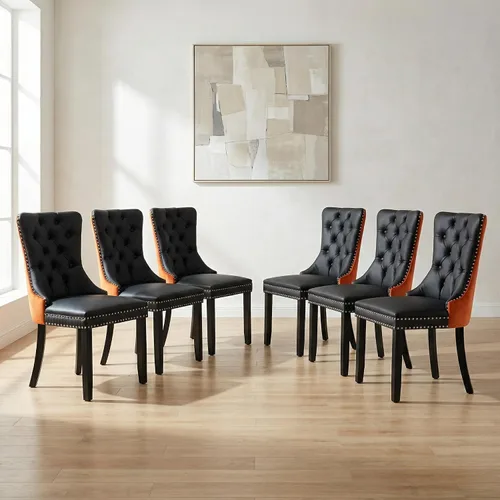 Miniatura 152 de OVENTA Juego de 4 sillas de comedor modernas tapizadas copetudas, terciopelo negro y gris y cuero con patas de madera maciza, sillas de cocina