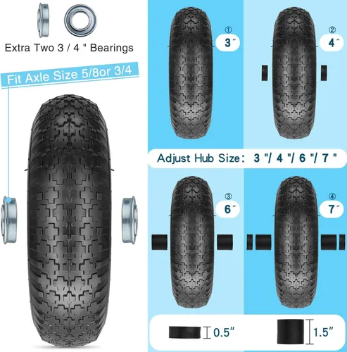 Miniatura 6 de Neumático sólido sin pinchazos de 14.5" 4.80/4.00-8 y rueda con rodamiento de 3/4 y 5/8, cubo centrado de 3" -6" para carrito de patio, vagón