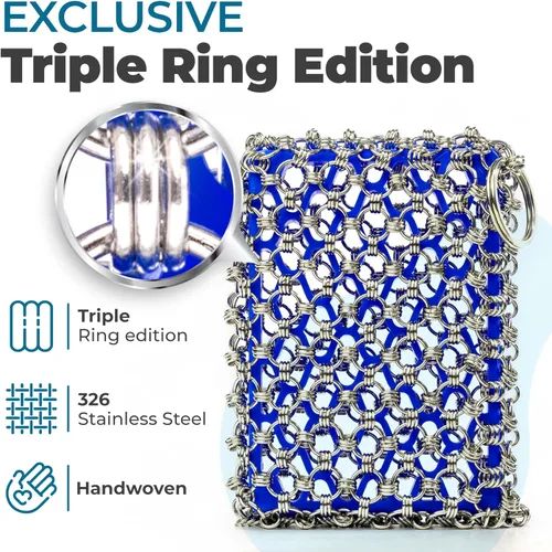 Miniatura 2 de Limpiador de hierro fundido de acero inoxidable 316, esponja de malla de triple anillo, limpiador perfecto para sartenes, sartenes, ollas, woks Azul
