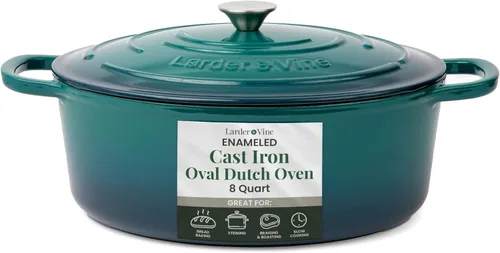 Larder & Vine Olla holandesa de hierro fundido esmaltado de 8 cuartos con tapa, para hornear pan, compatible con todas las placas de cocción y apta