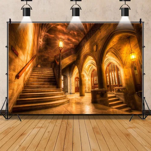 Miniatura 4 de AOFOTO Telón de fondo interior de castillo medieval vintage de 5 x 3 pies, columnas de arco retro, fondo de fotografía, escalera antigua, luz tenue