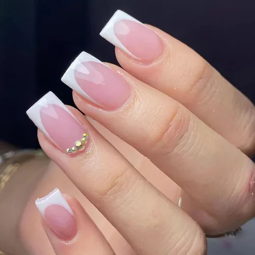 Miniatura 20 de Lindas uñas a presión de tamaño mediano - Uñas falsas cuadradas con punta francesa, uñas acrílicas rojas de cobertura completa brillantes