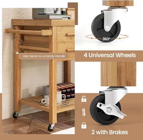 Miniatura 6 de LOKO Carrito de isla de cocina con ruedas, carrito de cocina con ruedas, carrito de cocina de madera rodante con cajones, estantes, toallero