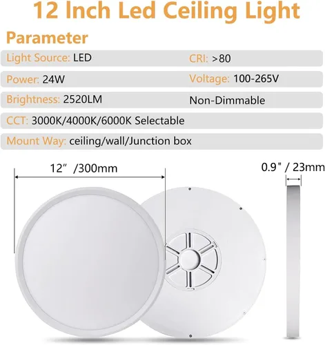 Miniatura 4 de 4PK - Lámpara de techo LED empotrada de 12 pulgadas, 24 W, 2520 LM, 3000 K/4000 K/6000 K CCT seleccionable, luz de techo LED súper delgada, cerca