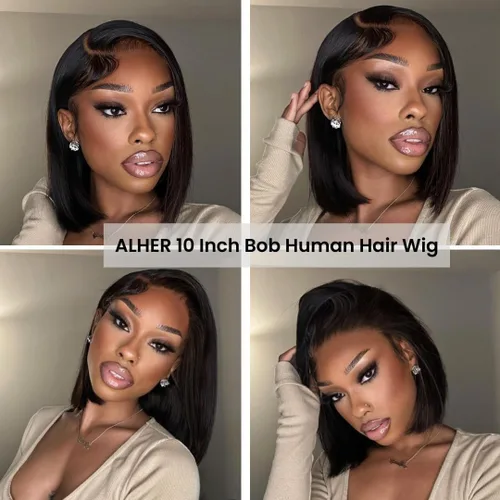 Miniatura 2 de ALHER Short Bob Wig Human Hair Small Cap Lace Front Wigs Straight, 13X4 Transparent Lace Frontal Wigs 180% Density for Women, Natural Color, Cap