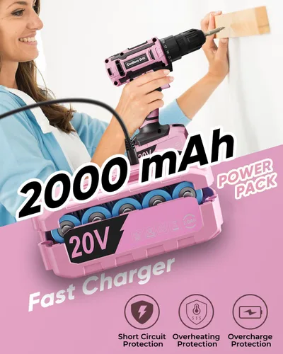 Miniatura 4 de Juego de taladro inalámbrico rosa, taladro eléctrico de 20 V para mujer, destornillador eléctrico ligero con paquete de energía y cargador
