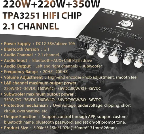 Miniatura 3 de S350HS TPA3251 Placa amplificador de potencia Bluetooth con subwoofer 2.1 canales 220W × 2+350W, módulo amplificador de potencia de audio de 12 V-38