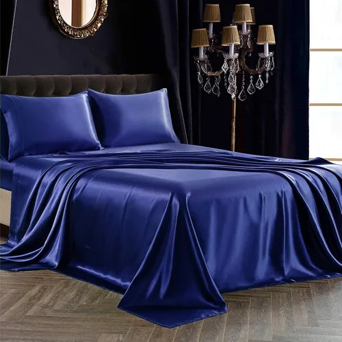 SiinvdaBZX Juego de sábanas de satén de 4 piezas tamaño King, ultra sedosas y suaves, sábanas de cama King de satén azul marino con bolsillo