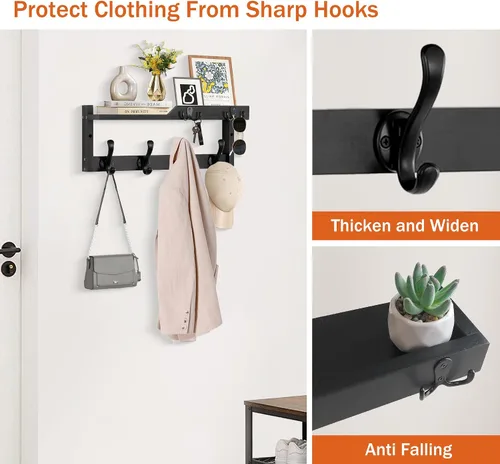 Miniatura 2 de dreampossible Perchero de pared con estante, perchero de pared con ganchos para llaves y soporte para correo, estante flotante de entrada de madera