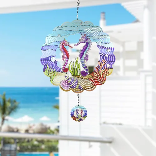 Miniatura 5 de Molinillo de Viento 3D de Caballito de Mar Arte Cinético de Metal Molinillo de Viento Colgante Decoración al Aire Libre Adornos de Océano Decoración