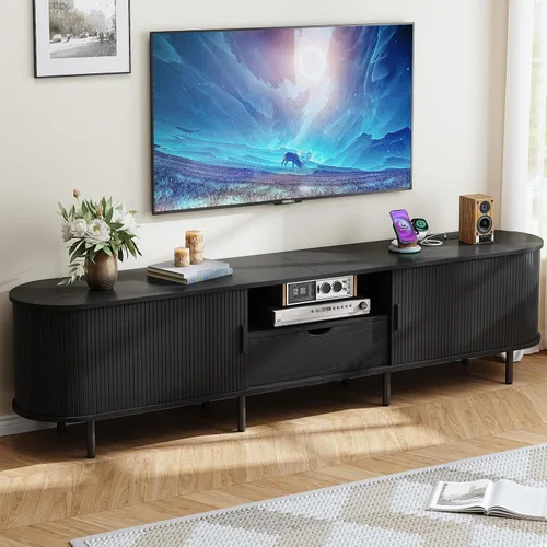 Miniatura 10 de ONBRILL Soporte de TV de 69 pulgadas con toma de corriente para televisores de hasta 80 pulgadas, centro de entretenimiento con almacenamiento