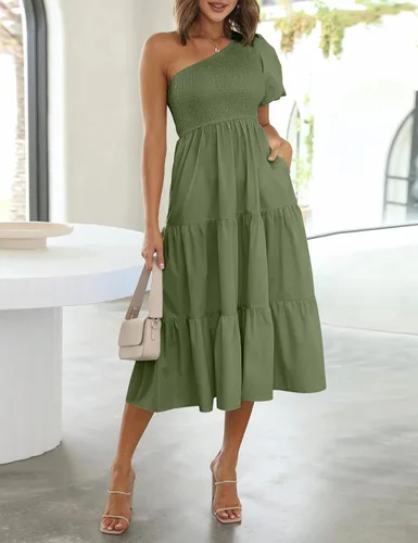 Miniatura 2 de Chriselda Vestido casual de manga corta con un hombro fruncido para mujer, cintura alta, con volantes, vestido midi para fiesta