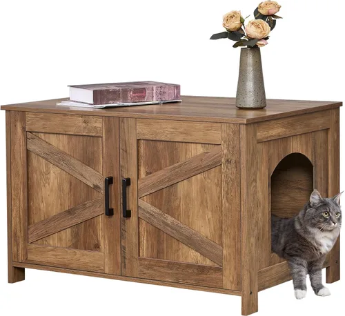 Miniatura 18 de Caja de arena para gatos Homhedy, mueble de baño de madera para gatos con puerta de granero, casa para mascotas, se adapta a la mayoría de las cajas