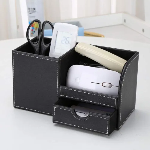Miniatura 5 de KINGFOM Organizador de escritorio caddy de suministros de oficina de cuero PU, caja de almacenamiento multifunción para bolígrafo/lápiz, teléfono
