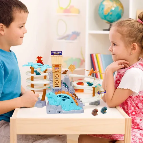 Miniatura 6 de Juego de pista de persecución de dinosaurios con música, tobogán de doble bucle, subir escaleras y montaña rusa, juguete educativo para niños Azul